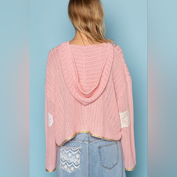 POL oversized pink doily lace crochet knit ribbon hoodie cardigan - Picture 5 of 5
